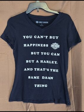 Harley-Davidson Graphic Tee Women’s Small Black V-Neck “You Can’t Buy Happiness”